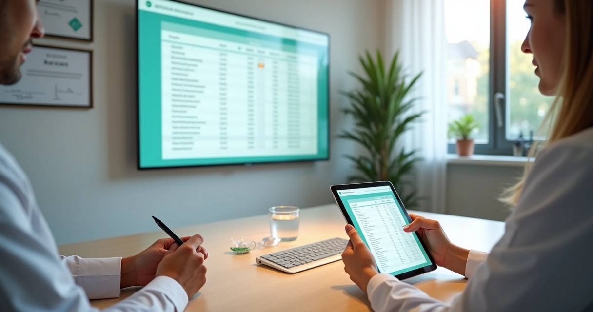 Tela grande exibindo orçamento odontológico digital com itens detalhados e paciente prestes a assinar 