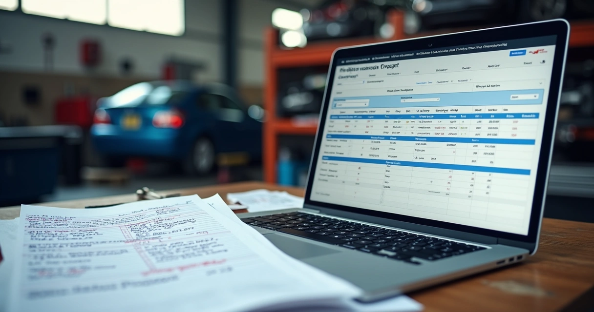 Mesa de oficina mecânica com orçamento em papel cheio de anotações confusas ao lado de computador mostrando sistema digital de gestão 