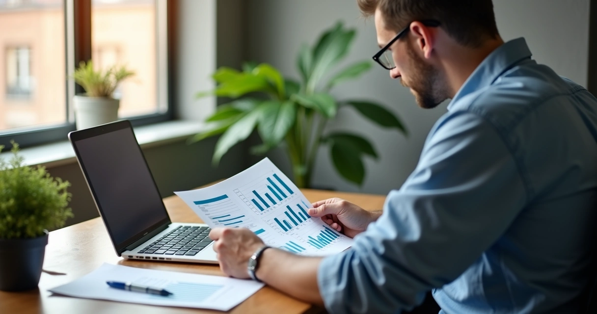 Empresário comparando orçamento com planilhas impressas 