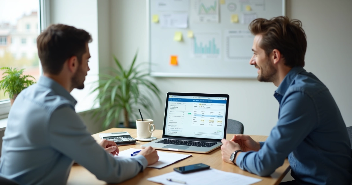 Empreendedora apresenta orçamento profissional em notebook para cliente em reunião de negócios 