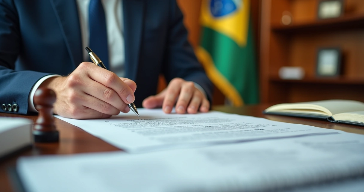 Pessoa assinando contrato de licitação em mesa com documentos e carimbo