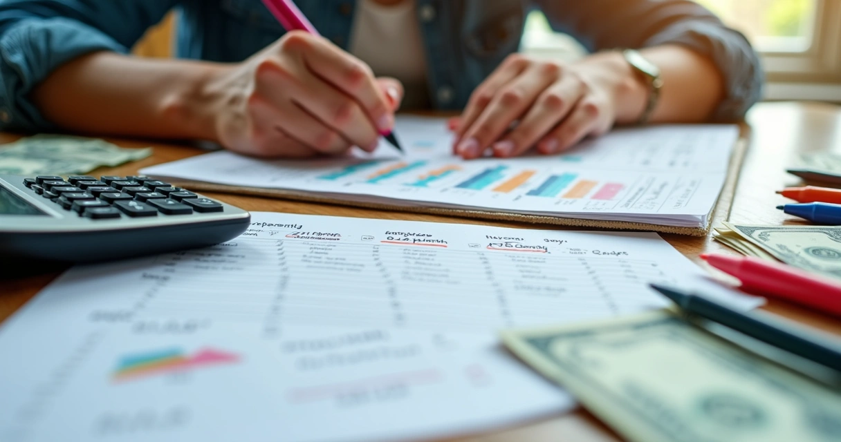 Pessoa planejando orçamento mensal em mesa com calculadora