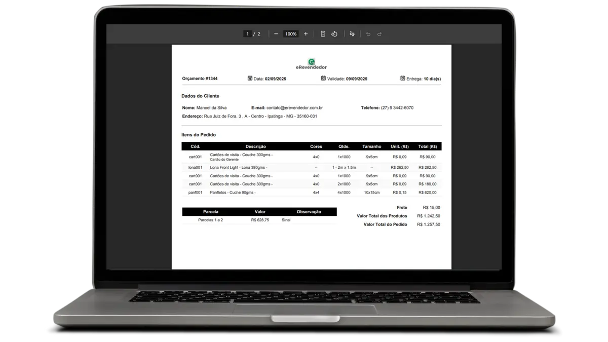 Orçamento de revenda gráfica exibido na tela de um laptop prata
