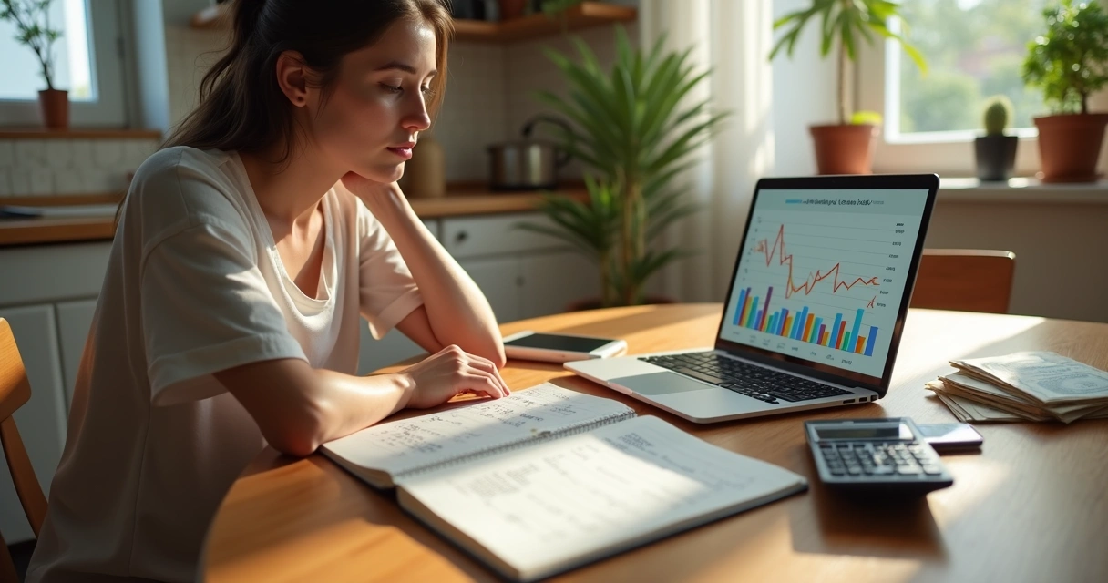 Pessoa organizando orçamento com salário variável usando caderno e notebook sobre a mesa 