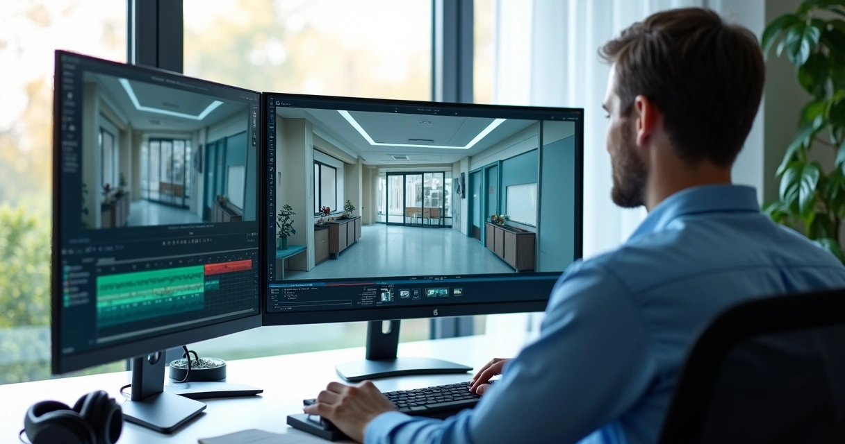 Profissional editando vídeo 360 graus de uma clínica de saúde em computador 