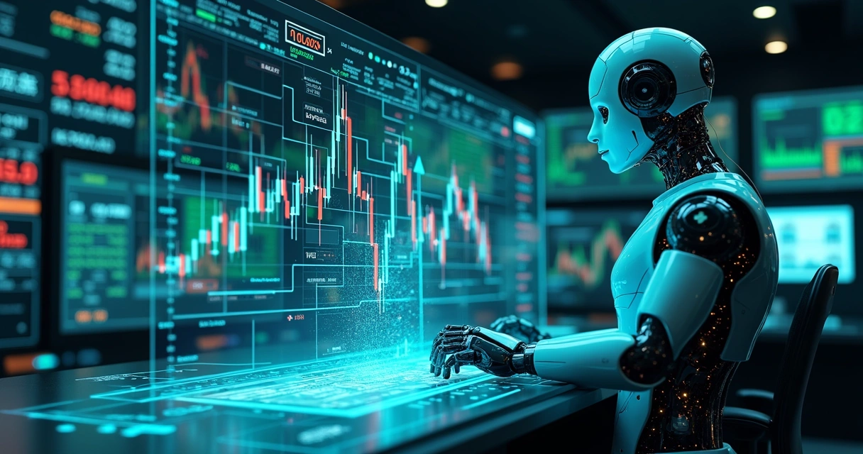 Tela detalhada de um robô de trading executando ordens com gráficos financeiros e dados de mercado ao fundo 