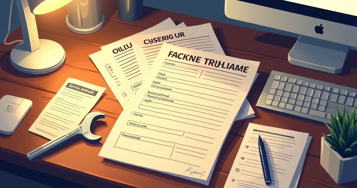 Ordem de serviço detalhada em uma mesa com ferramentas, ilustrando a comunicação entre cliente e prestador de serviço.