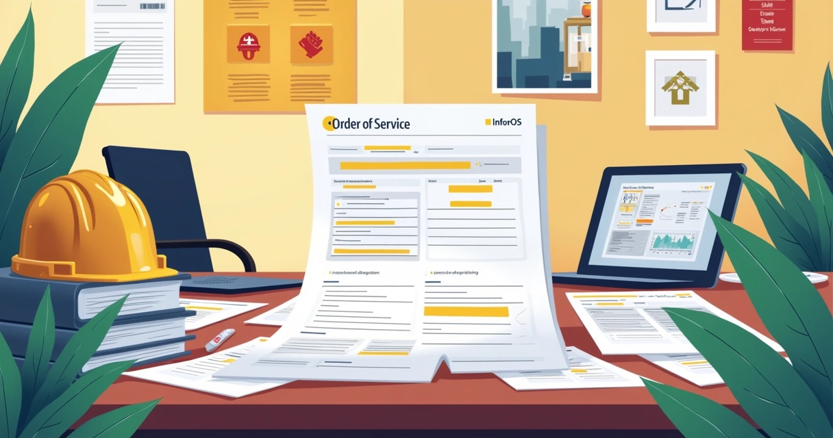 Ilustração de uma mesa de trabalho com ordens de serviço, tablet com software, e ícones de segurança.