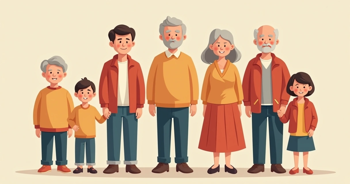 Desenho de família com diferentes gerações alinhadas horizontalmente