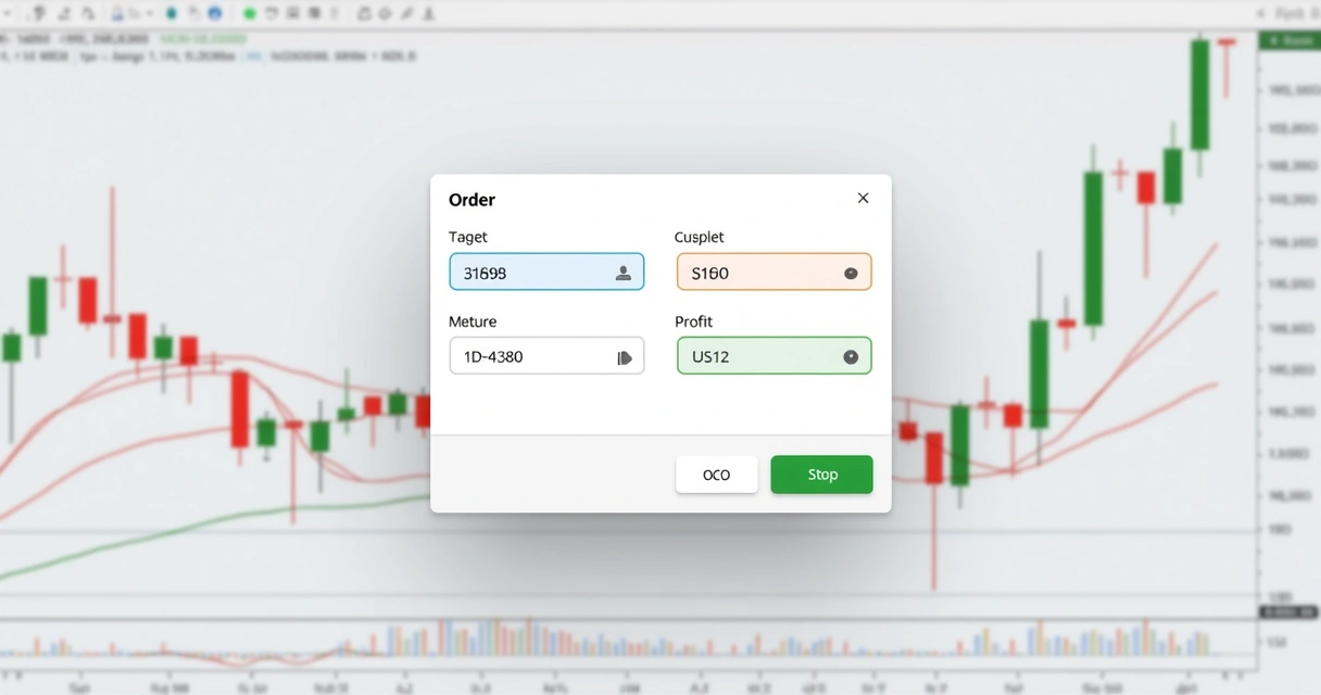 Ordem OCO sendo configurada na plataforma com gráfico de candles ao fundo 