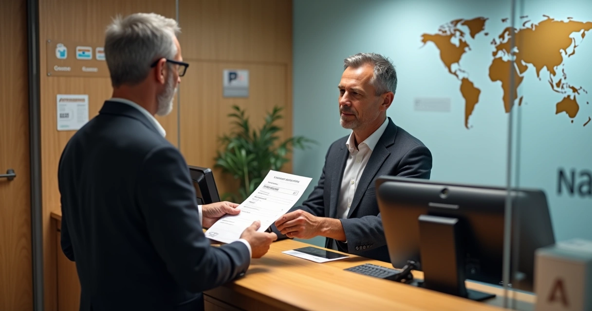 Atendente de banco entregando ordem de pagamento impressa a cliente no balcão 