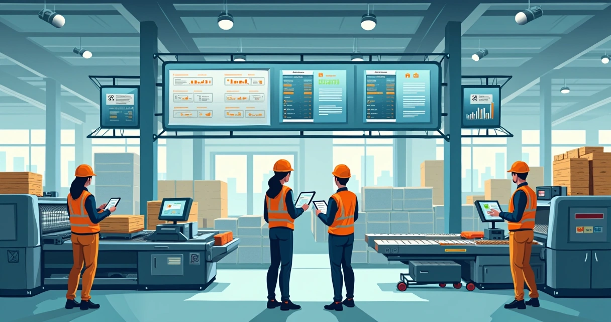 Painel digital com ordens de produção, máquinas industriais e funcionários analisando dados