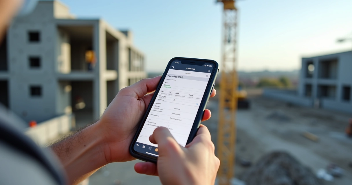 Engenheiro de capacete usando celular para registrar ordem de serviço digital em obra. 