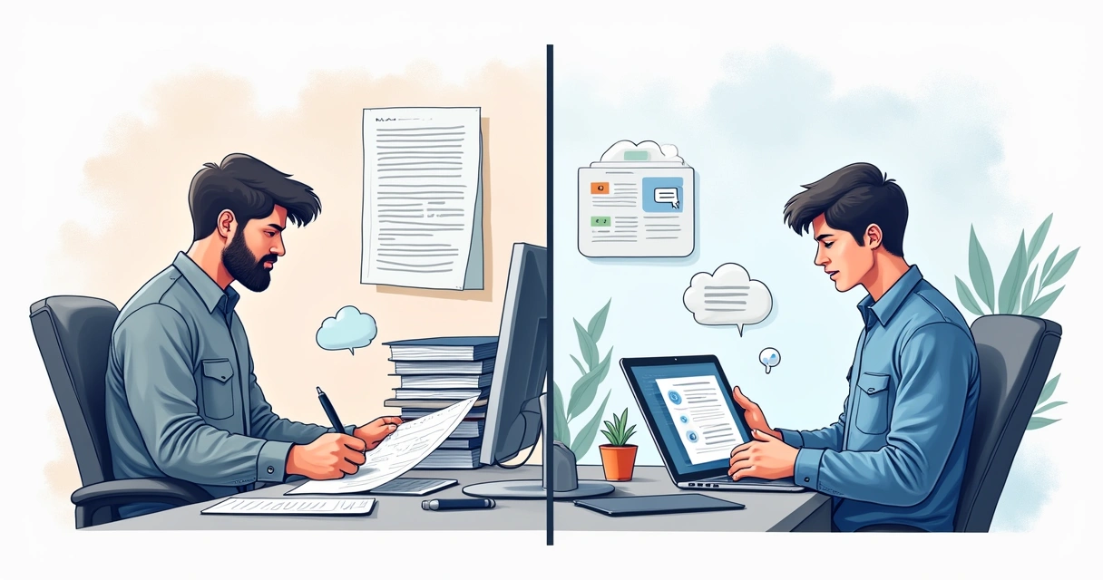 Comparação entre ordem de serviço física em papel e digital em tablet 