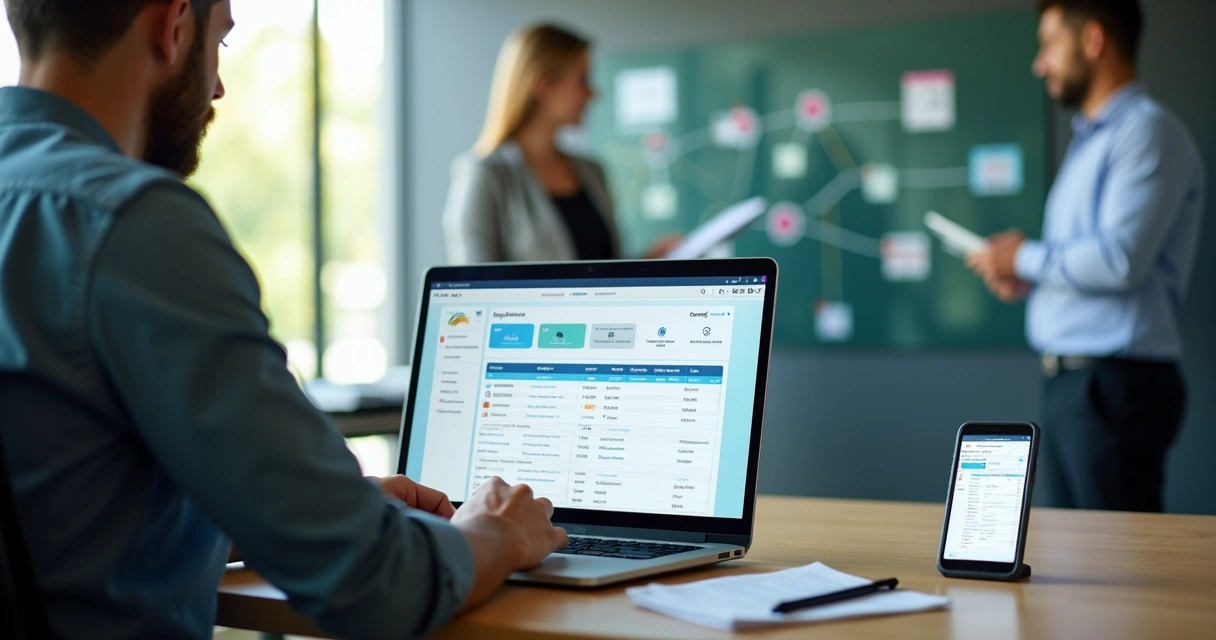 Gestor analisando ordem de serviço eletrônica em sistema ERP no notebook 