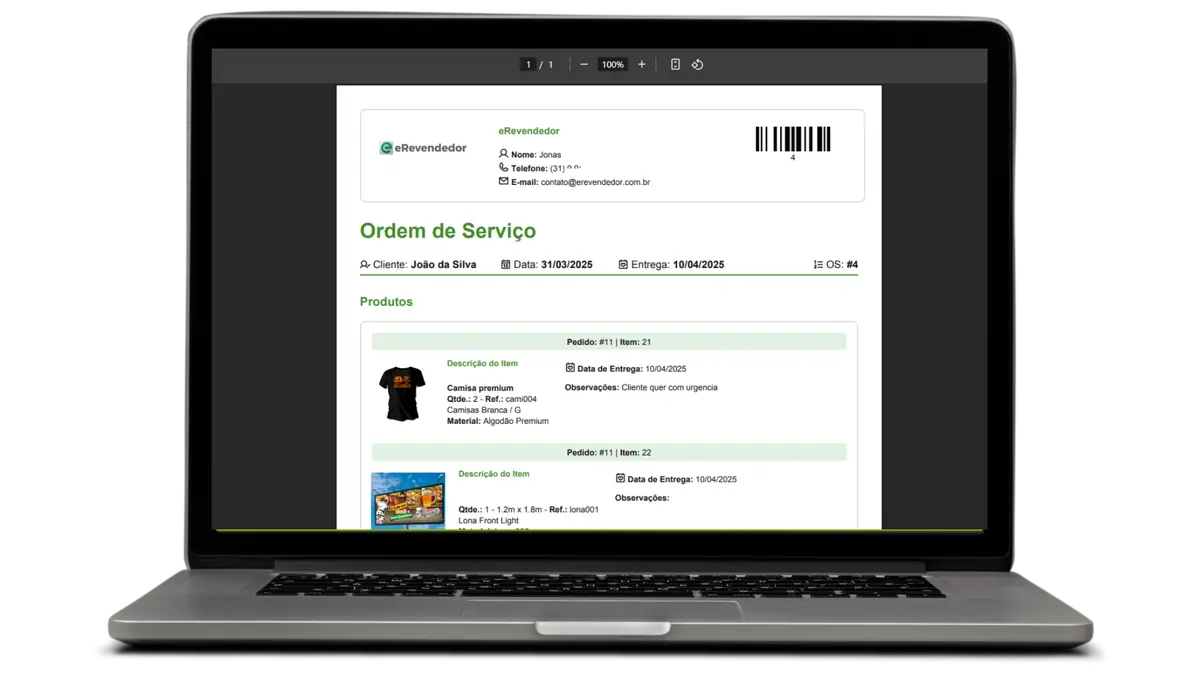 Tela de computador mostrando uma ordem de serviço digital do ERP eRevendedor com detalhes de cliente, produtos e observações