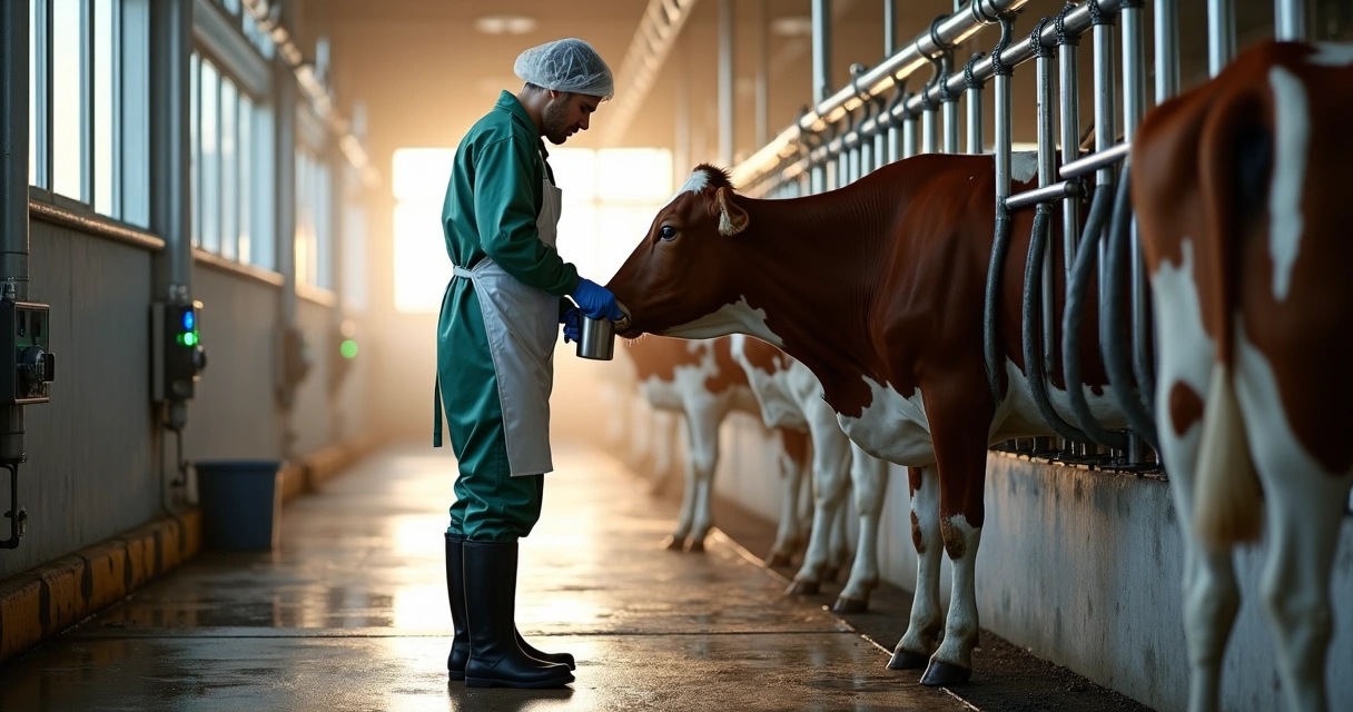Ordenhador higienizando teto de vaca leiteira em sala de ordenha organizada 