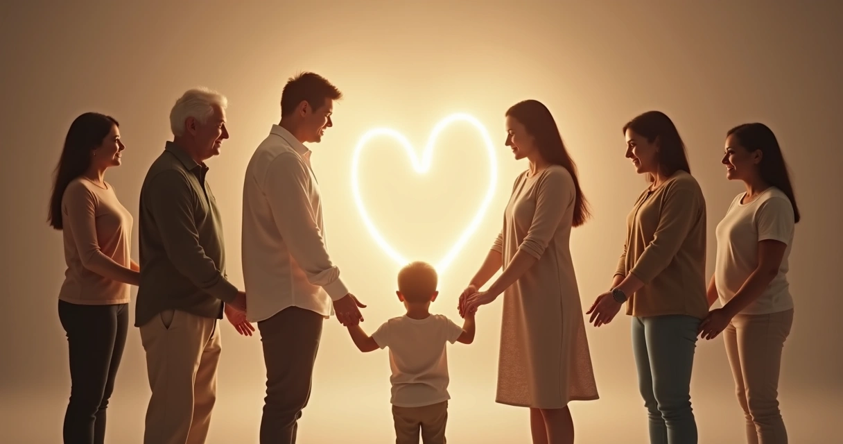 Grupo em círculo com luz em forma de coração conectando três gerações 