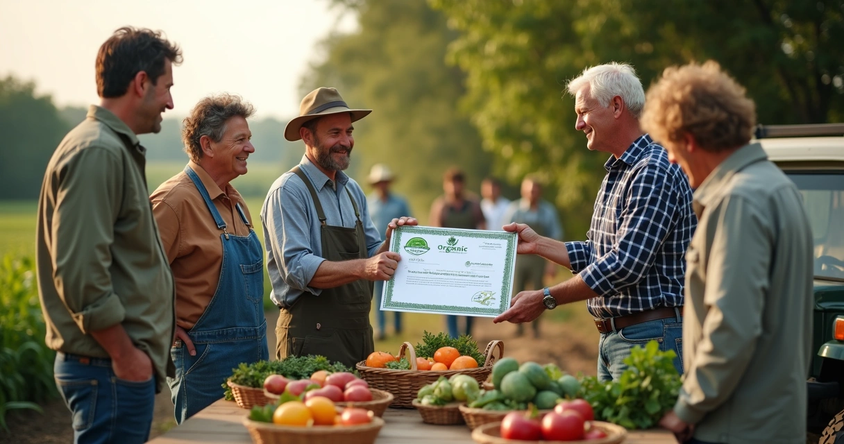 Agricultores recebendo selo de certificação orgânica em propriedade rural 