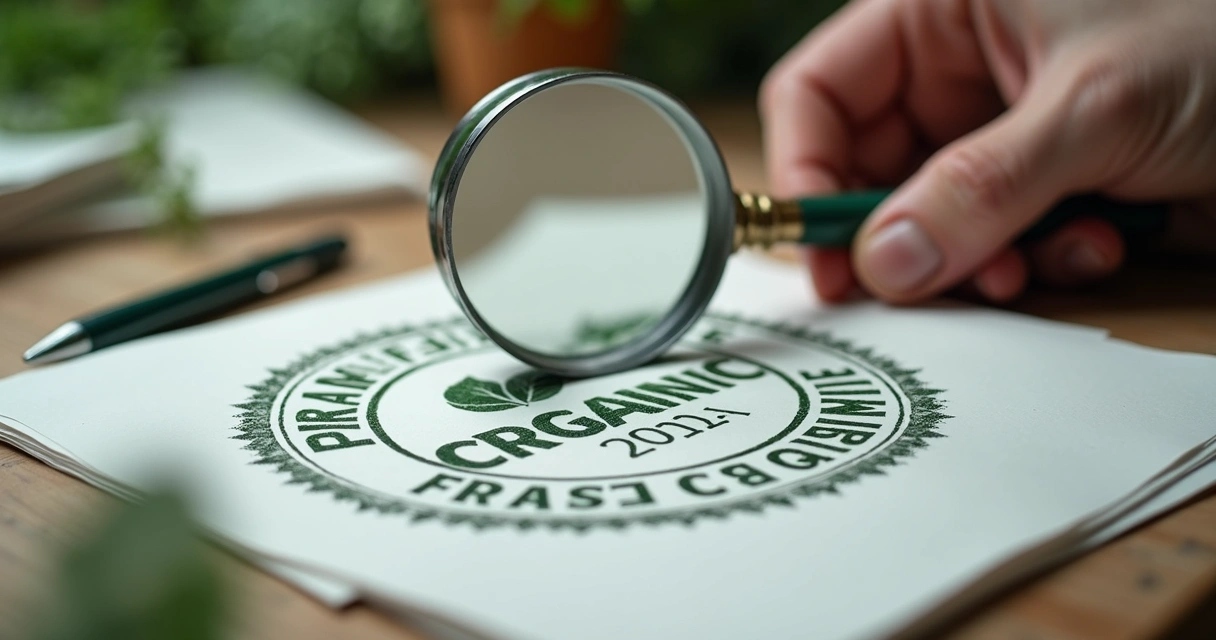 Organic certification stamp and loupe over documents 