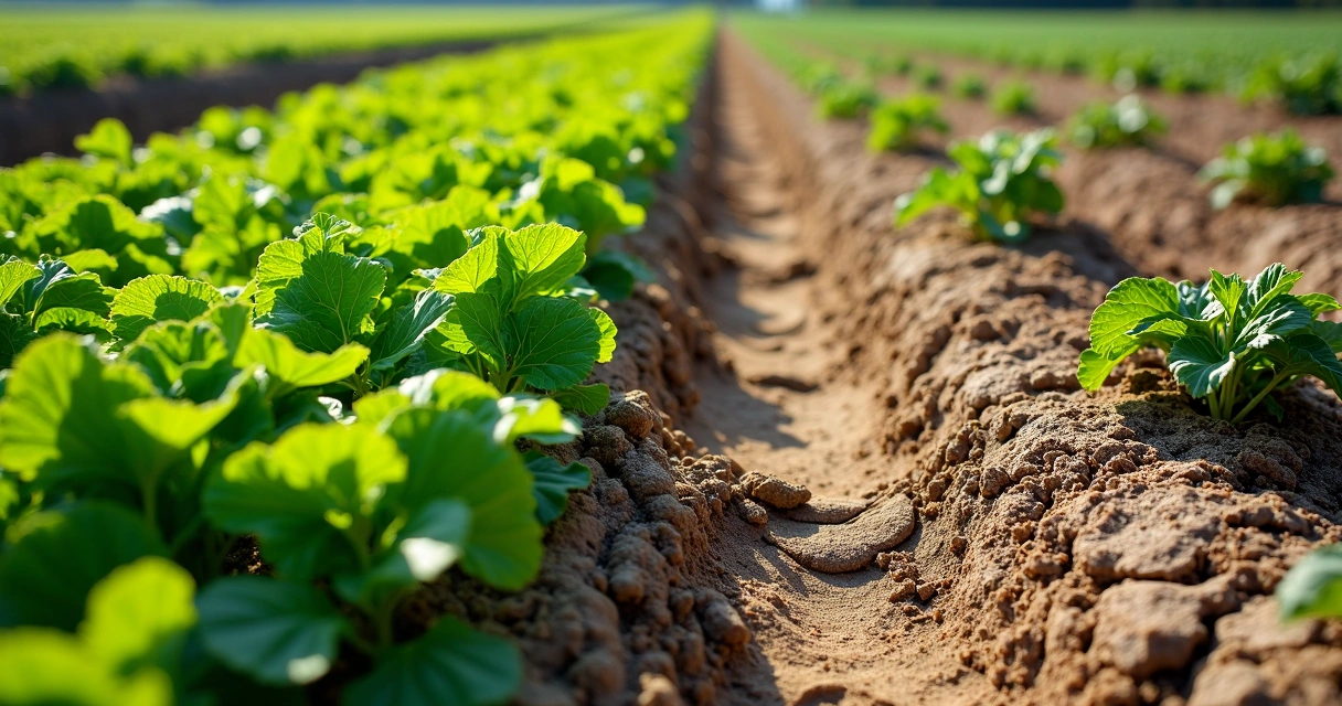 Plantação orgânica saudável ao lado de área seca 