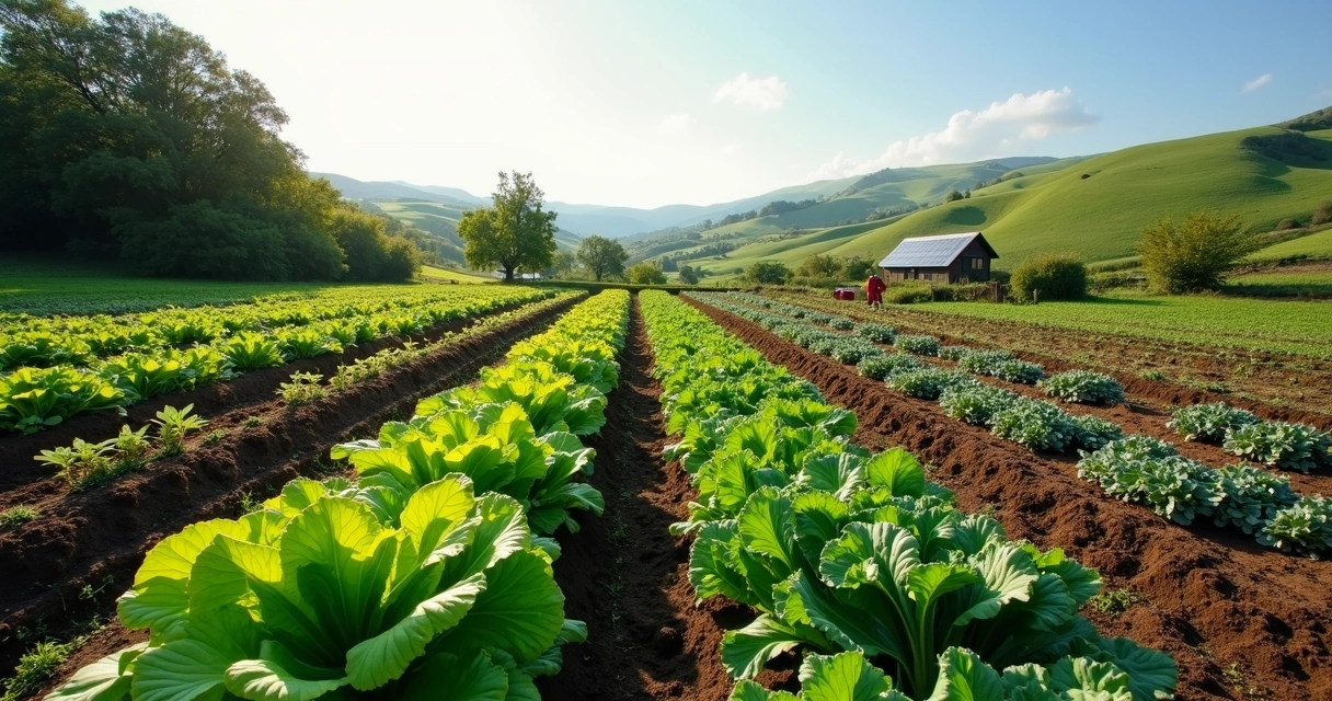 Plantação orgânica com diversas culturas e paisagem rural ao fundo 
