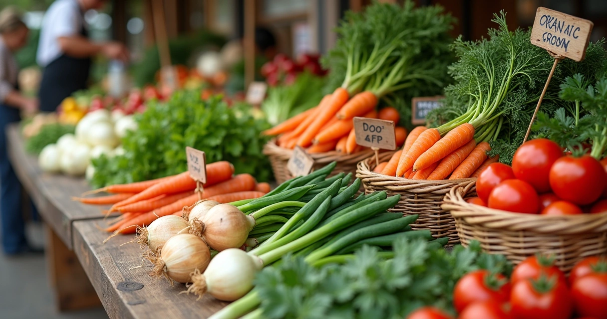 Organic market table display of fresh produce and certification label 