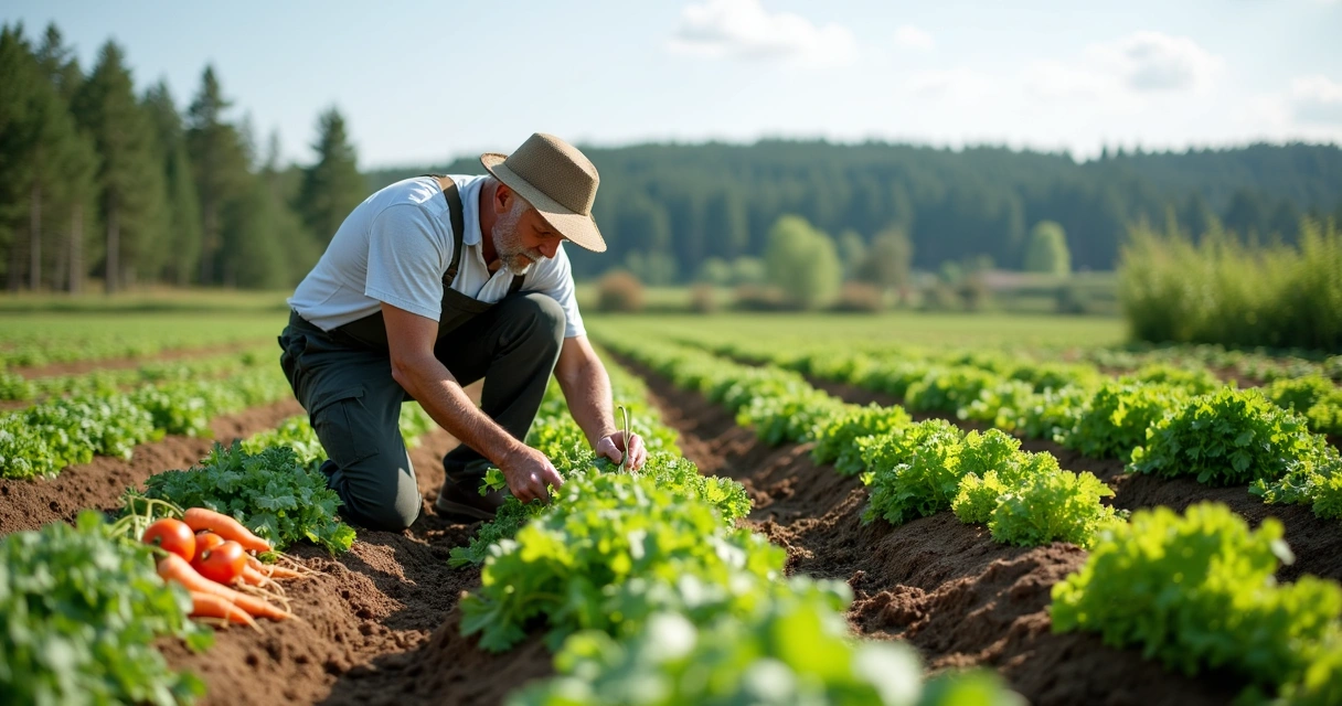 Small farm organic vegetable field with farmer working 