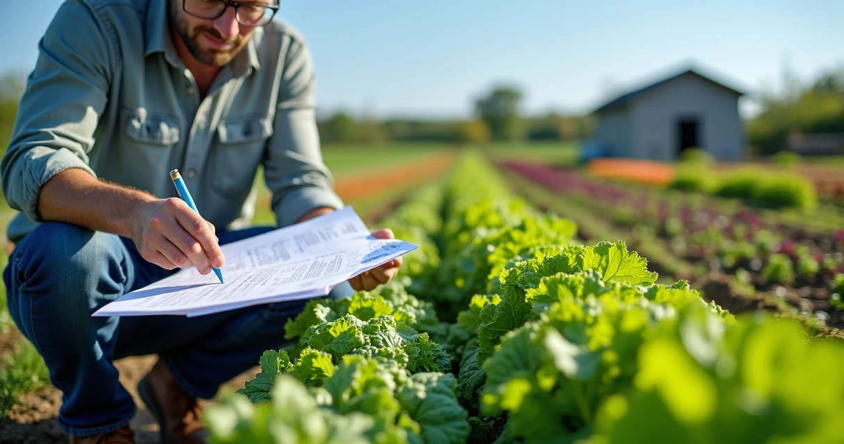 Auditor in a field checking forms near organic produce 