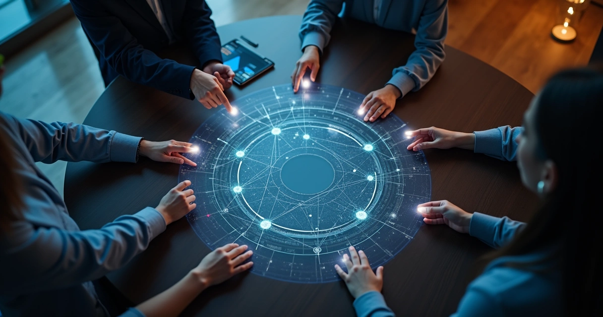 Vista superior de una mesa redonda con diagrama de organización hecho de luz 