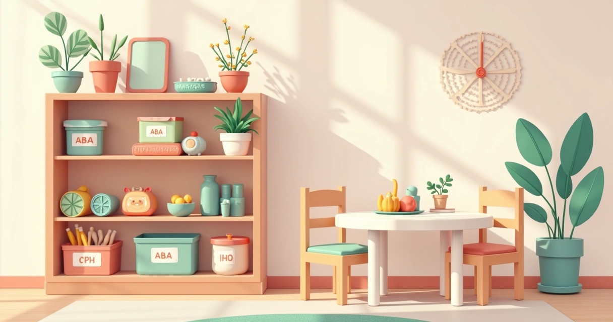 Estante organizada com caixas e brinquedos etiquetados para ABA, ao lado de uma mesa infantil branca 
