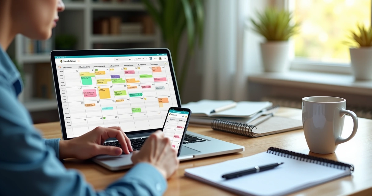 Pessoa organizando agenda digital com blocos de tempo coloridos em um aplicativo de calendário em computador e smartphone 