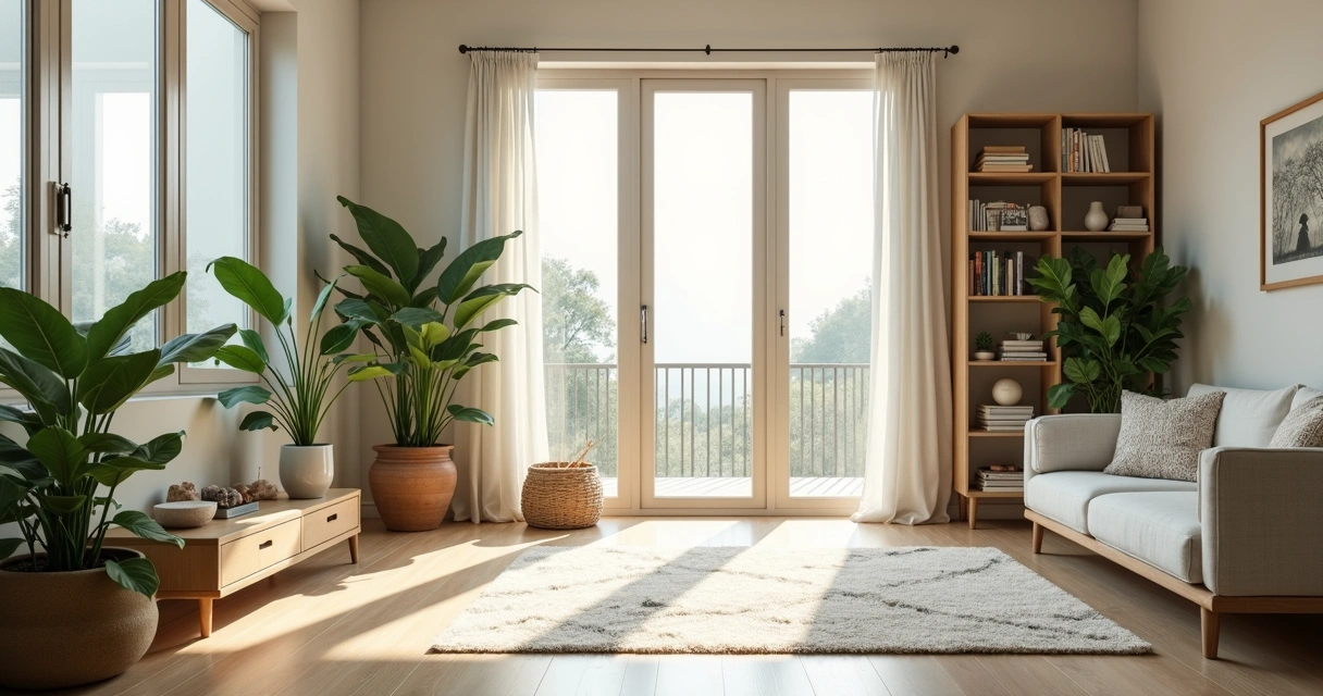 Sala organizada e iluminada com elementos esotéricos e plantas verdes 