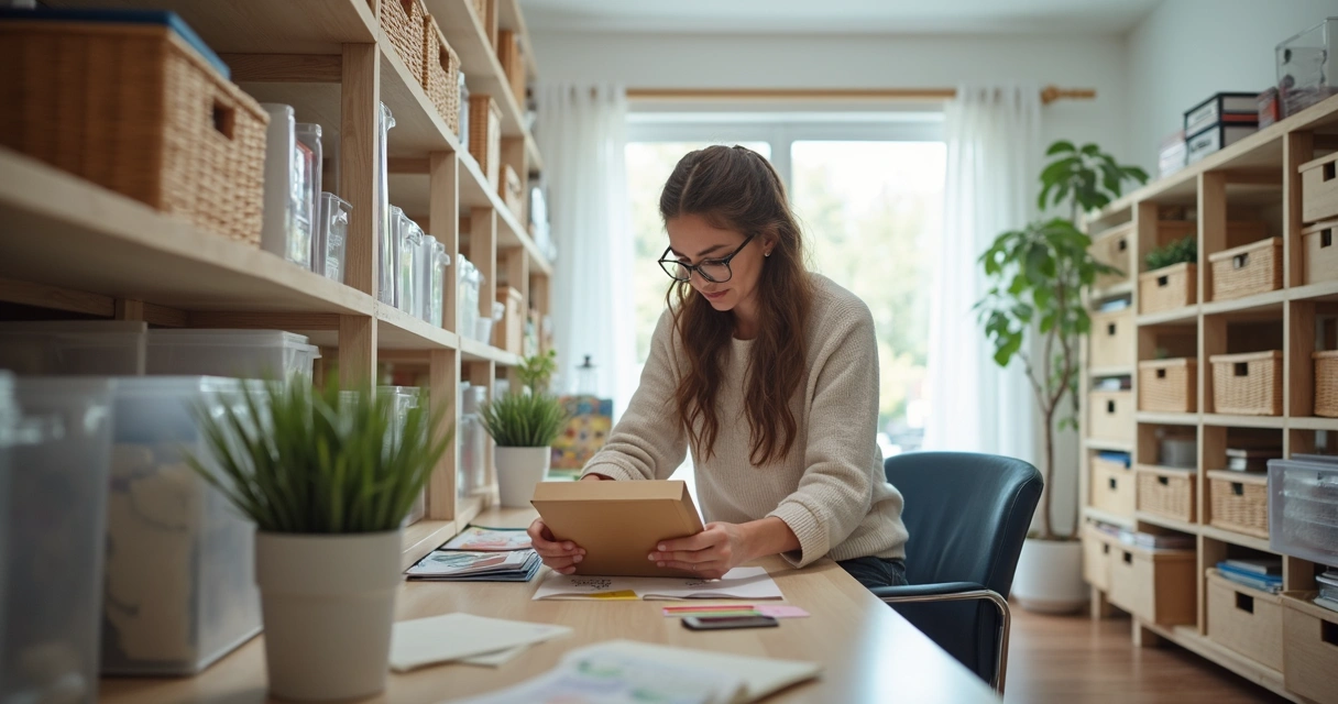 Organização de ambiente de trabalho com mesa organizada, caixas e itens rotulados 