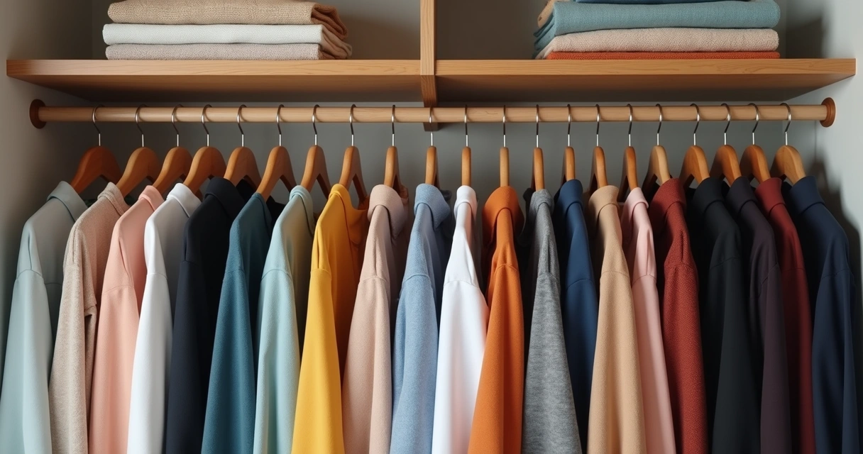 Cabides organizados com roupas separadas por cores 