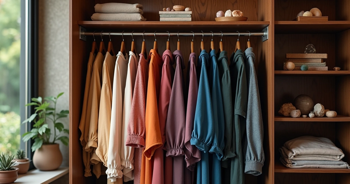 Guarda-roupa organizado por cores e com acessórios energéticos