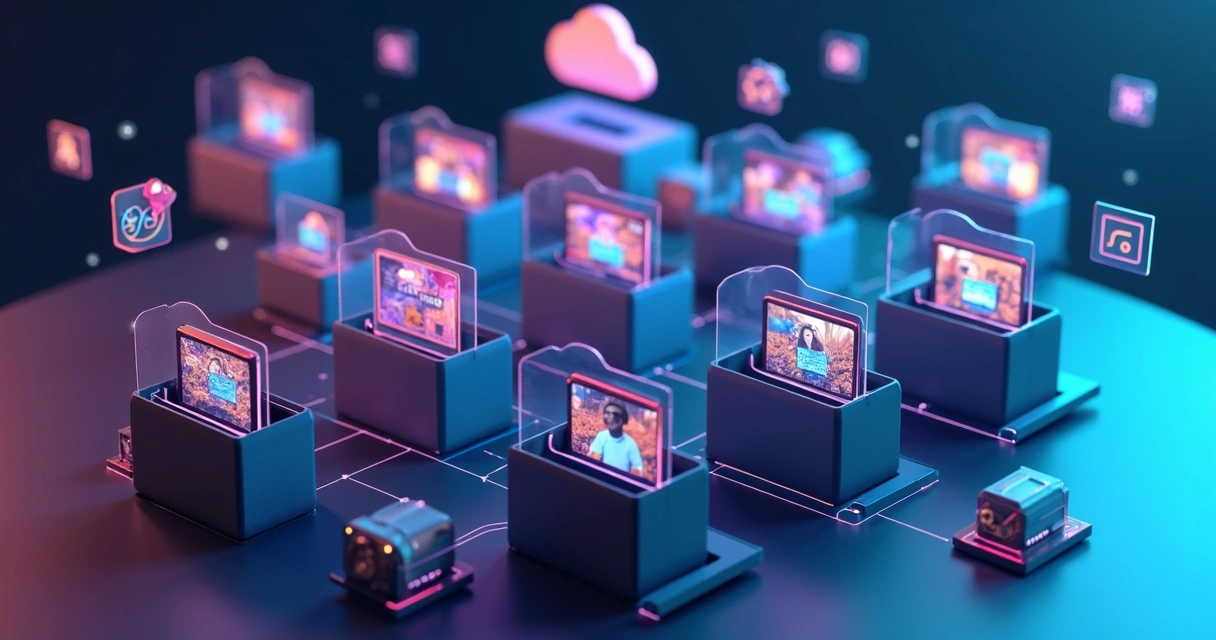 Mesa virtual com pastas digitais organizadas mostrando arquivos de cortes de vídeos em miniaturas coloridas 