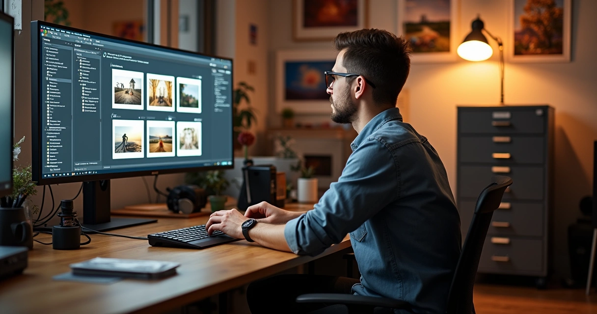 Fotógrafo analisando arquivos digitais organizados em computador 