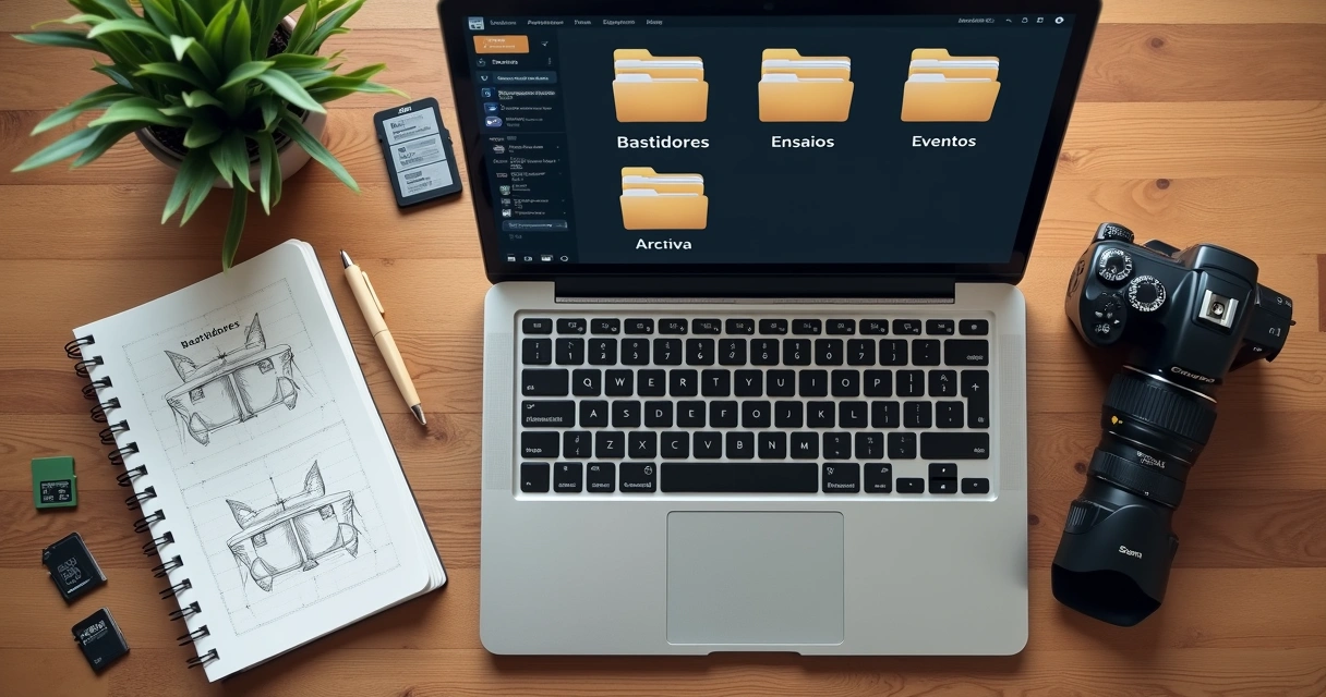 Tela de computador exibindo pastas organizadas de vídeo e foto 