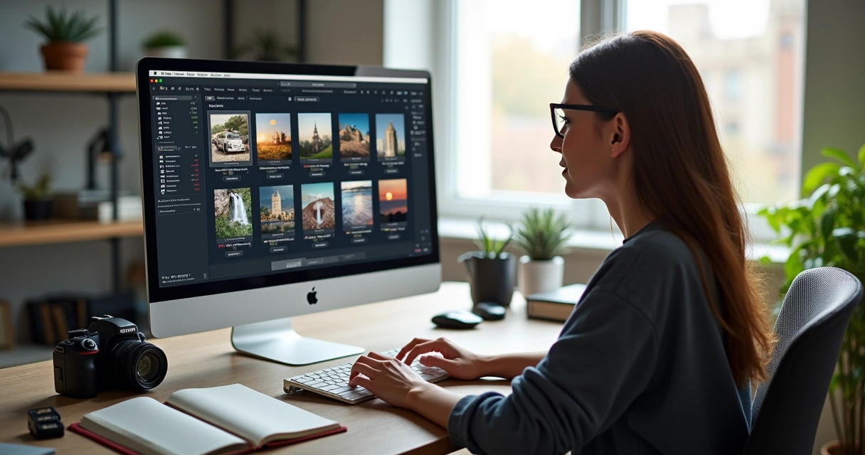 Fotógrafo organizando arquivos digitais em tela de computador 