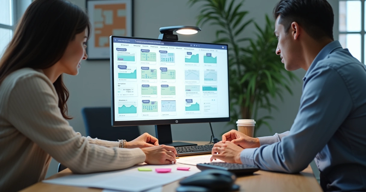 Pessoas organizando pastas digitais em tela de computador 