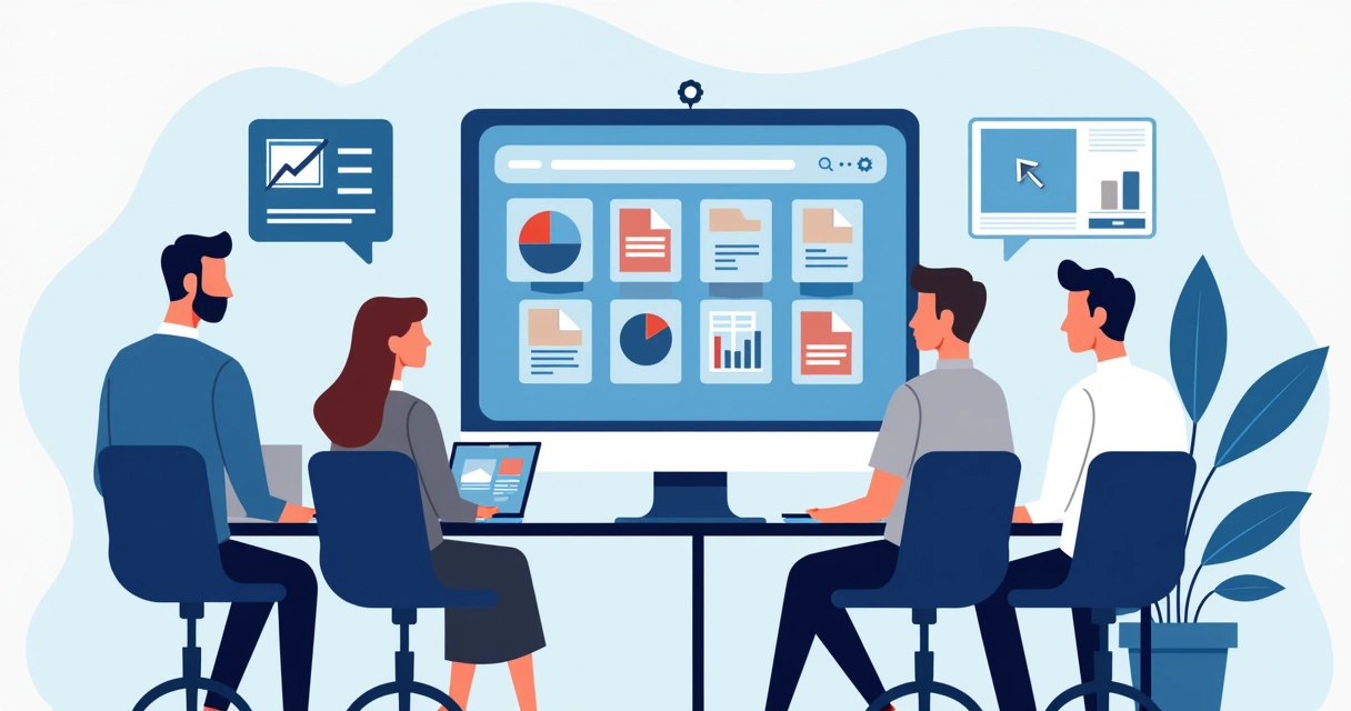 Equipe analisando um banco de imagens digital em computadores 