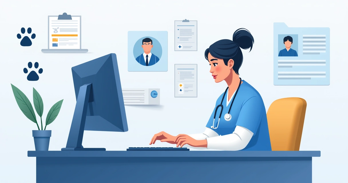 Veterinário digitando dados de cliente em computador moderno, fichas em papel ao lado, ambiente de consultório claro. 