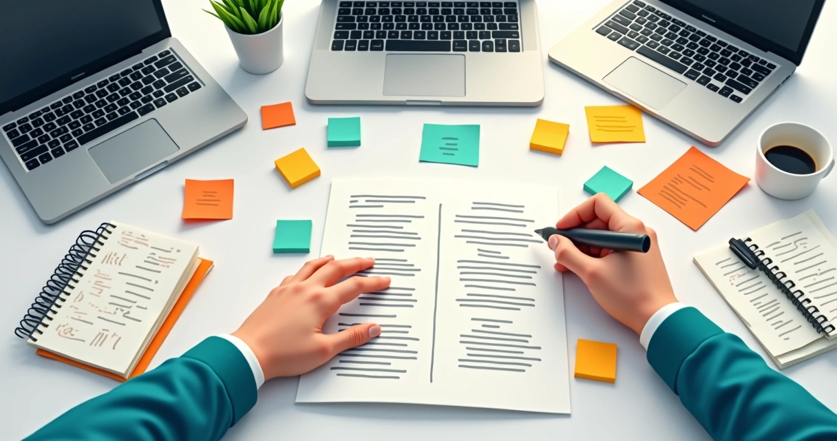 Código JavaScript modular em telas e papéis organizados na mesa de trabalho