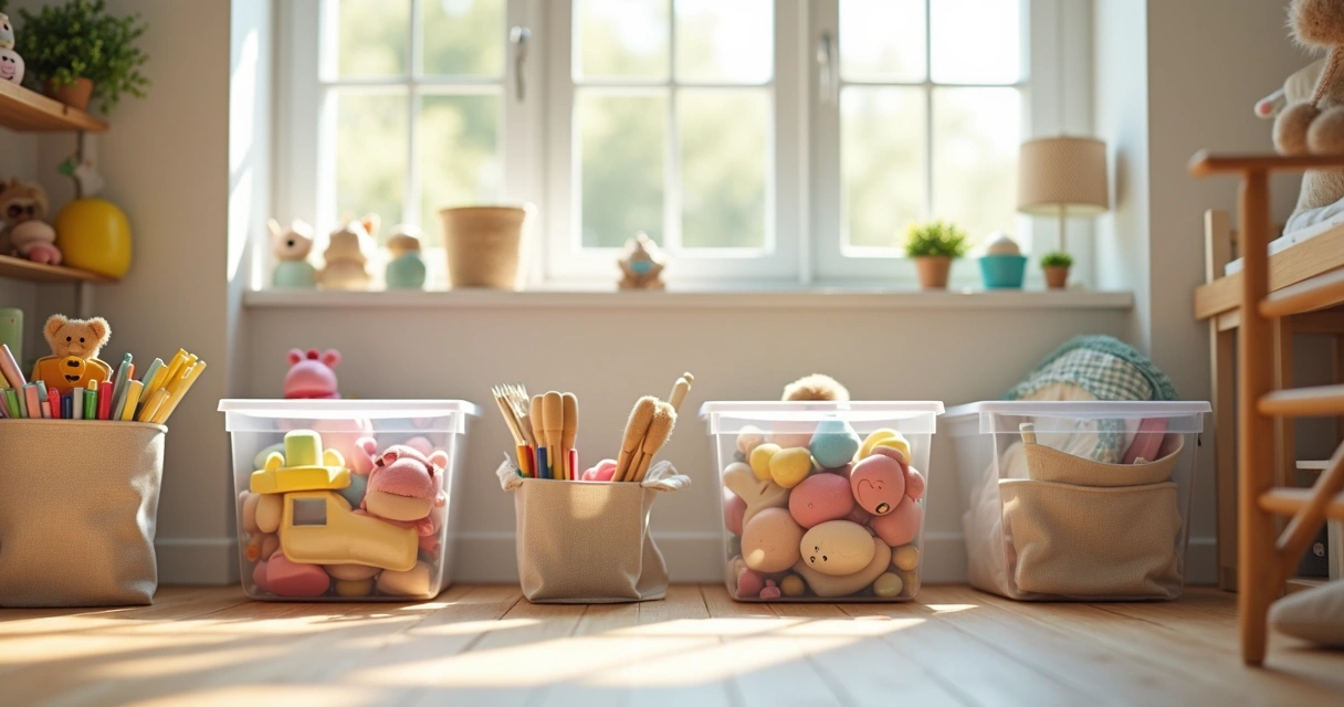 Caixas transparentes com brinquedos organizados por tipos