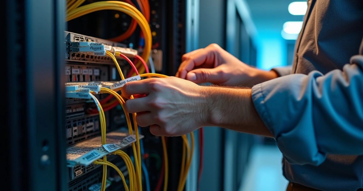 Técnico organizando cabos de rack com etiquetas e patch panel