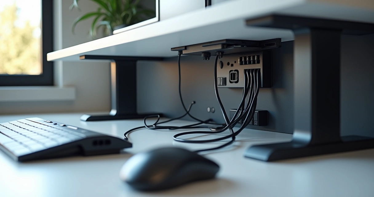 Organização de cabos em um setup de computador com acessórios geeks 