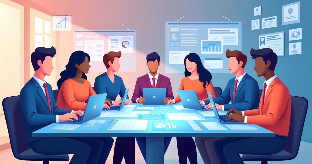 Equipe política organizando campanha digital em computadores