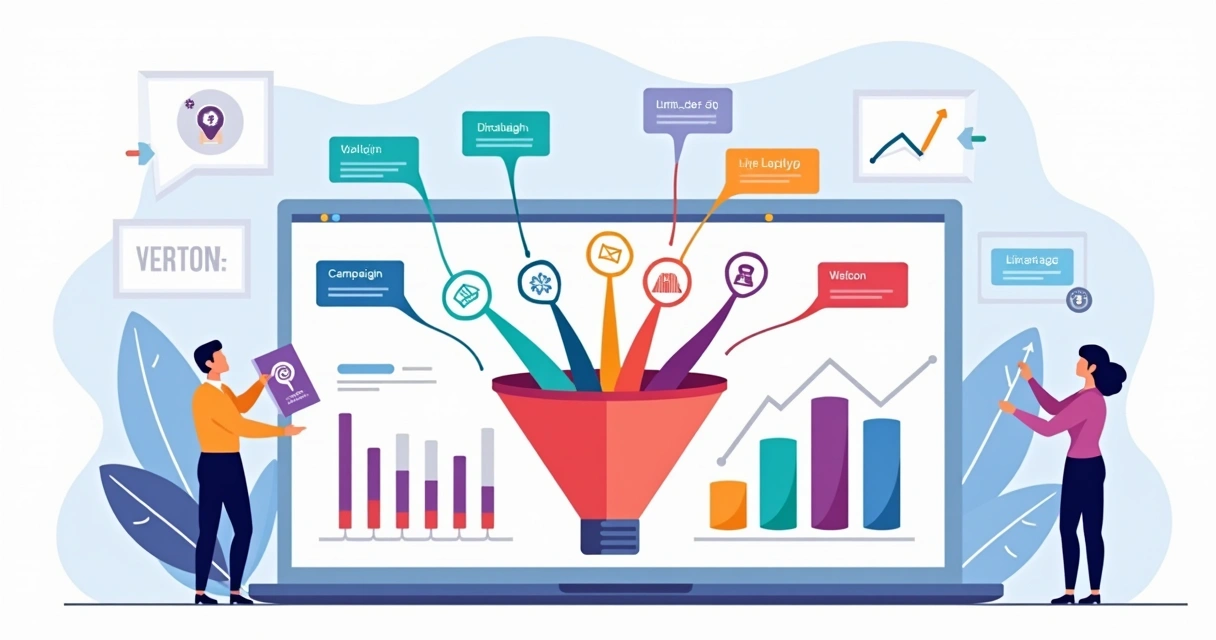 Dashboard com funil colorido organizando tráfego por UTMs 