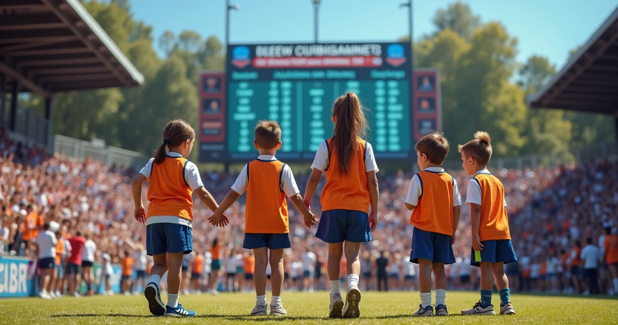Crianças uniformizadas com pais em evento esportivo, banners e lista digital com equipes 